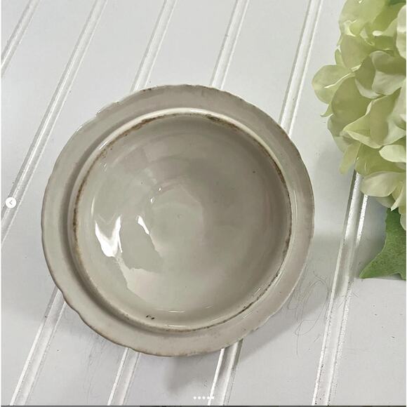 Antique Ironstone Pottery Lid Green Transferware Daffodil Design - Picture 5 of 5